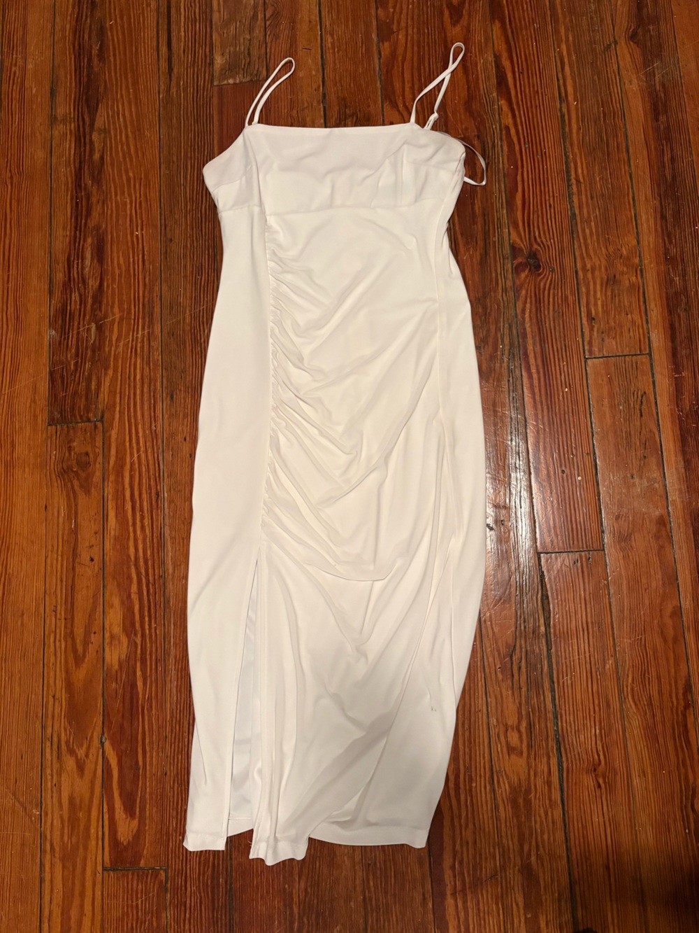 B Darlin White Ruched Spaghetti Strap Midi Dress
